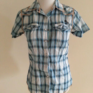 Harley Davidson turquoise, white shirt - womens S